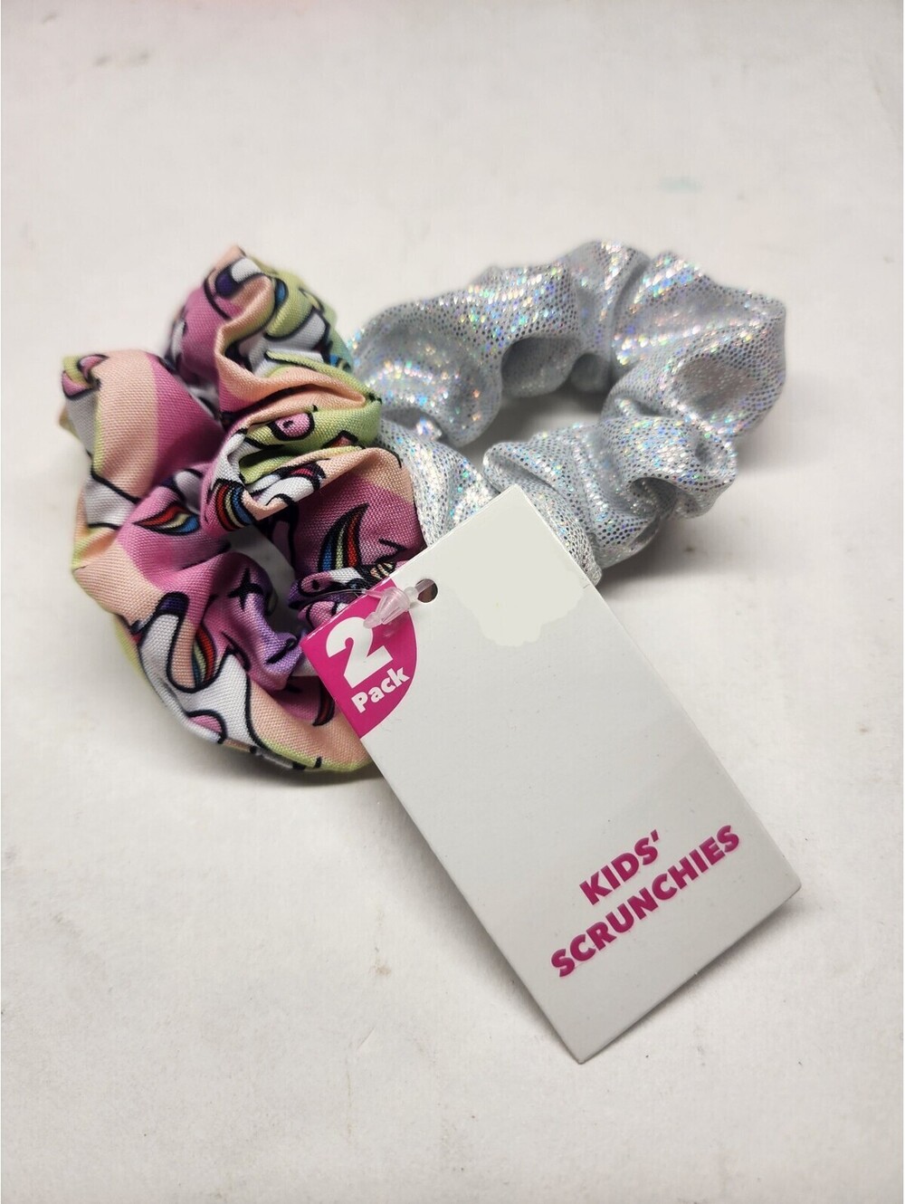 2-Pack KID'S SCRUNCHIES Hair Scrunchies Age 3+ Unicorns And Silver Glitter